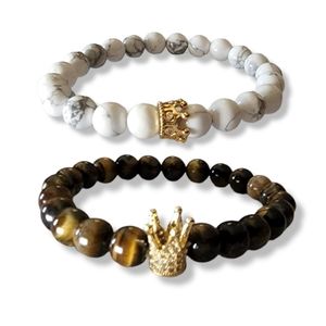 King & Queen Crown Couple Bracelets tigerstar bead